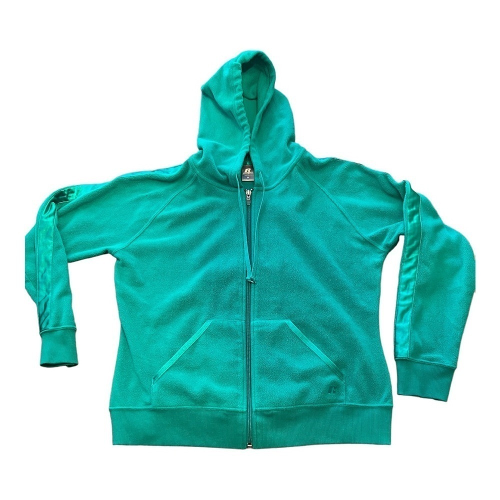 FLEECE hoodie with satin fabric trim on sleeves. Women’s size medium.